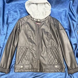 Black Faux Leather Jacket with Gray Hood